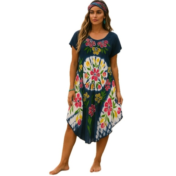 New Dress Tie Dye Floral Sun Swim Beach Cover Up Vibrant Blue Pink Free Size NWT - Picture 1 of 17